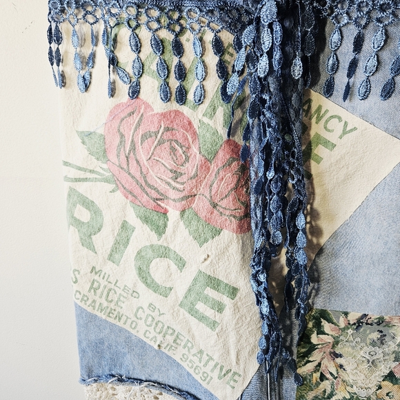 Upcycled Patchwork Boho Lace Denim Skirt Size 8 Floral Rice Bag Tassel Handmade - Picture 6 of 7